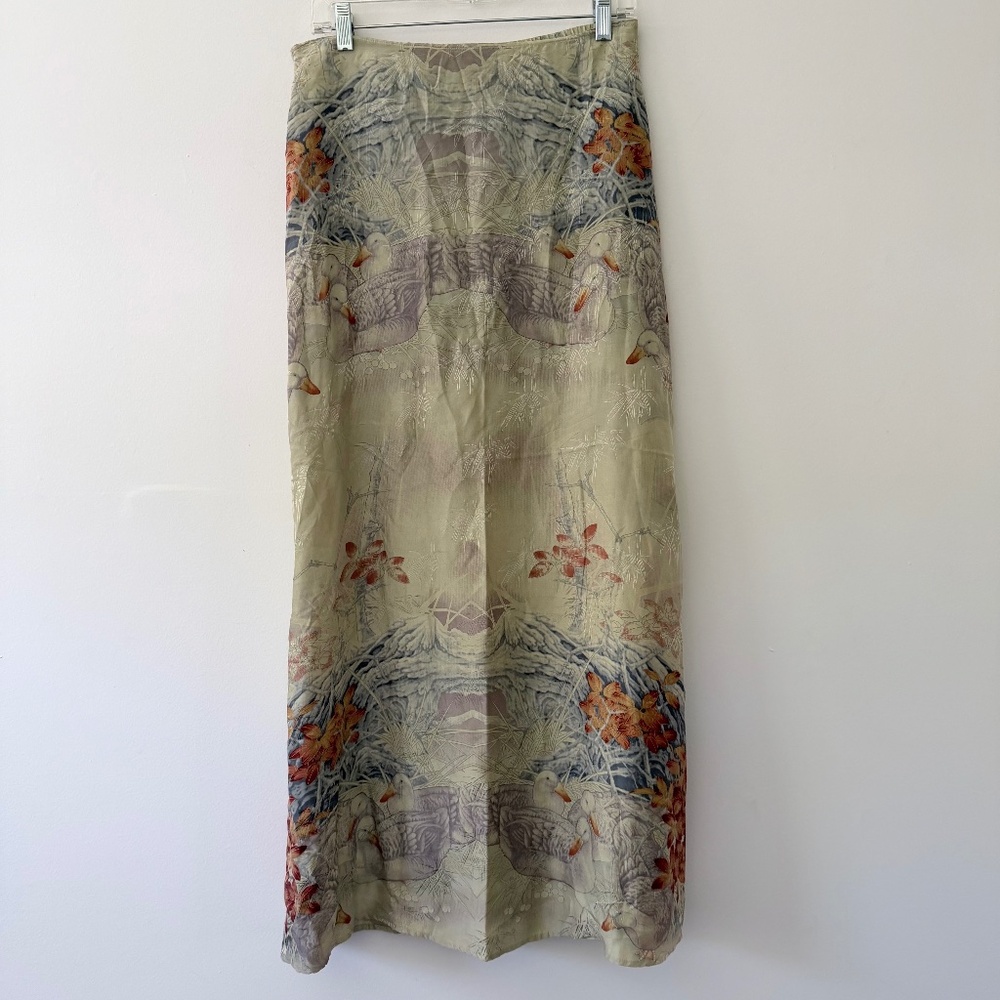 Citron Santa Monica Midi Skirt Asian Motif Floral Side Zip Silk-like Artsy Boho